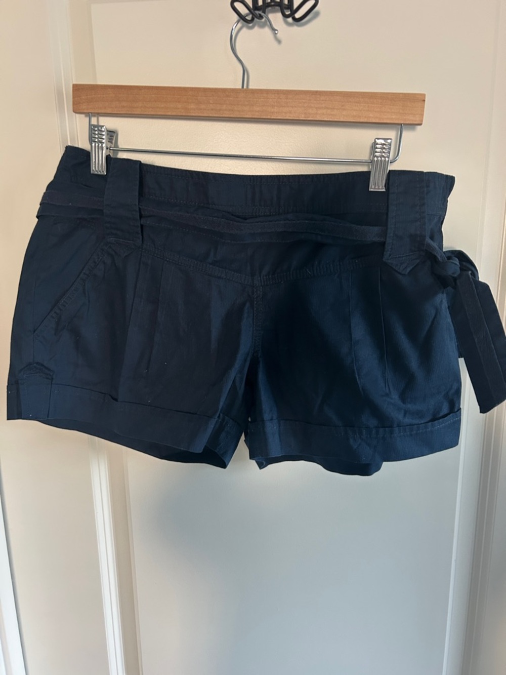 Mango Navy Tie-Belt Cotton Shorts
